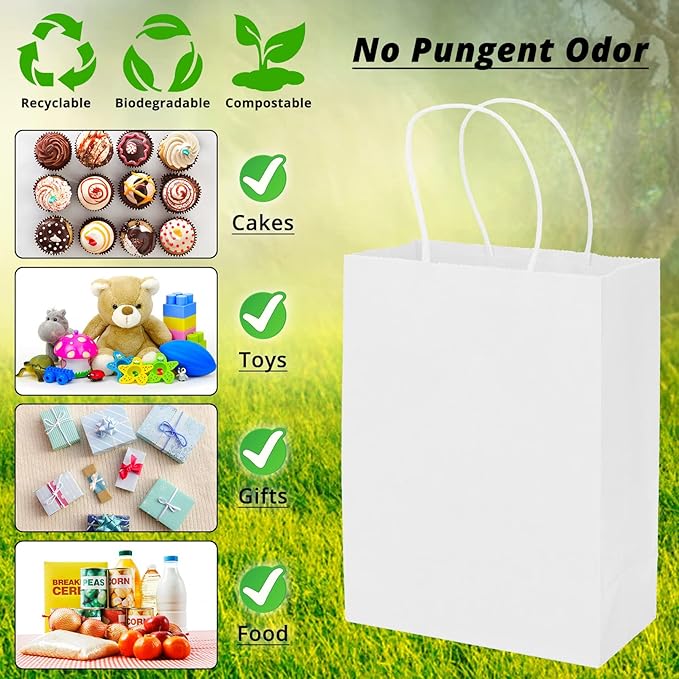100 Pack 5.9x3.15x8.26 inch Small White Gift Bags, Kraft Bags with Handles Bulk for Birthday Party Favors,Gift Paper Bags,Retail Shopping Business Goody Craft Gift Bags