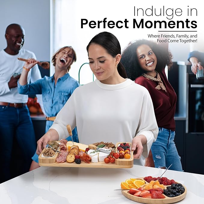 Charcuterie Board Gift Set - Bamboo Cheese Board & Serving Tray for Meat, Cheese, Crackers, Fruit - Large Wooden Charcuterie Boards for Parties - Wedding, Housewarming, Birthday Gifts for Women