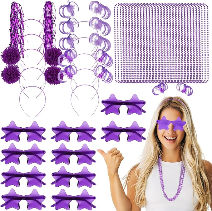 50 Pcs Purple Holiday Team Spirit Party Accessories Pom Pom Party Headbands Star Shape Sunglasses Bead Necklaces Stuff Favors for Birthday Wedding Supplies(Classic)