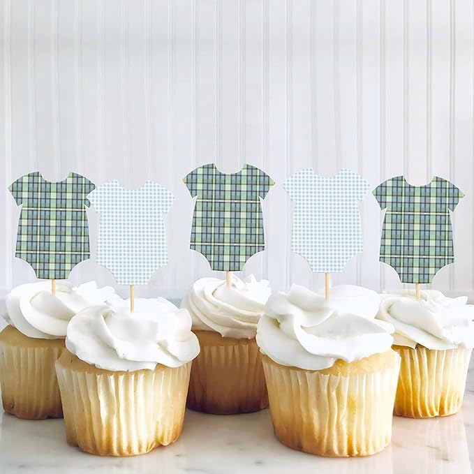Green Bodysuit Cupcake Topper - Baby Shower Decoration Green Gingham Cake Topper,Baby Shower Bunting (green-topper)