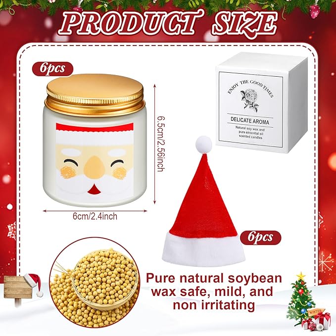 12 Pack Christmas Scented Candles Jar Set Include 6 Pcs 7oz Aromatherapy Soy Wax Candles and 6 Pcs Mini Xmas Santa Hat Holiday Table Centerpieces Gifts for Women Men Relaxing Spa