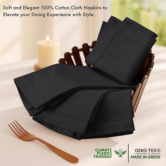 Ruvanti Cloth Napkins - 100% Cotton Dinner Napkins, Hem Stitched Corners, 18x18 Inch, 12 Pack - Soft, Absorbent, Durable, Reusable, Wrinkle Resistant for Formal Dining & Everyday Use - Black Beauty