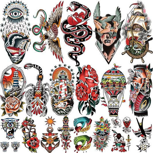 77 sheets Classic Temporary Tattoos Adult, Old School Tattoos Stickers, Sailor Jerry Style Fake Tattoo, American Traditional Flower Rose Arm Temporary Tattoos for Women Men Kids