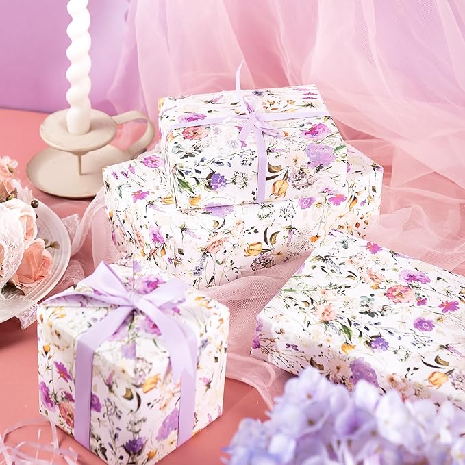 WRAPAHOLIC Kraft Floral Wrapping Paper Roll - Mini Roll - 17 Inch x 16.5 Feet - Garden Wildflower Wrapping Paper Perfect for Girls Women Birthday, Wedding, Bridal Shower