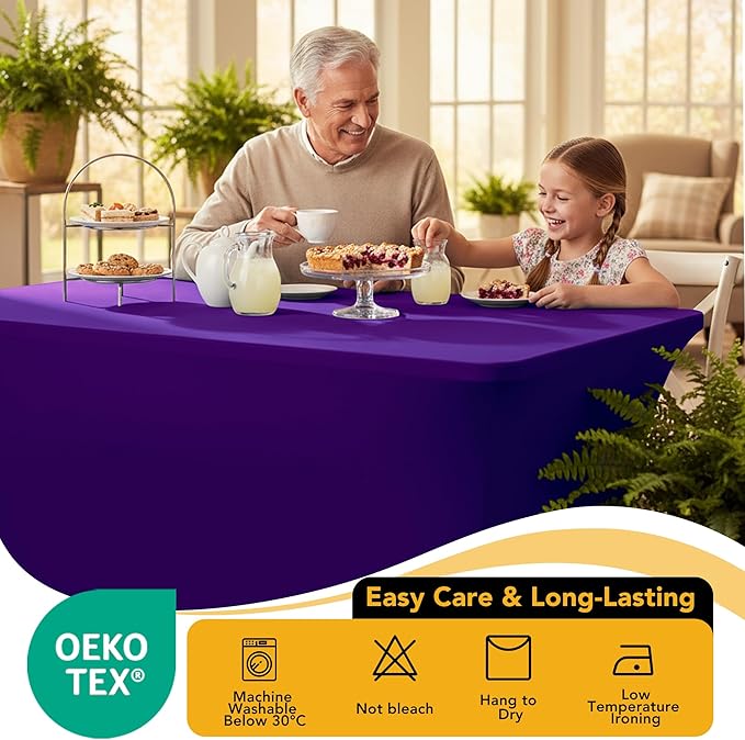 6-Pack Premium Purple Spandex Tablecloths for 8ft Rectangle Tables, Stain & Wrinkle-Resistant, Washable Stretch Polyester Fitted Table Cover for Weddings, Banquets, Trade Shows Events