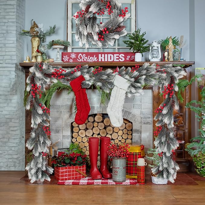 RECUTMS Evergreen Pine Needle Vine Red Berry Christmas Fireplace Decor Winter Berry Garland Pinecones for Crafts Christmas Picks Faux Garland Ideal for Living Room and Corridor Seasonal Decor(White)