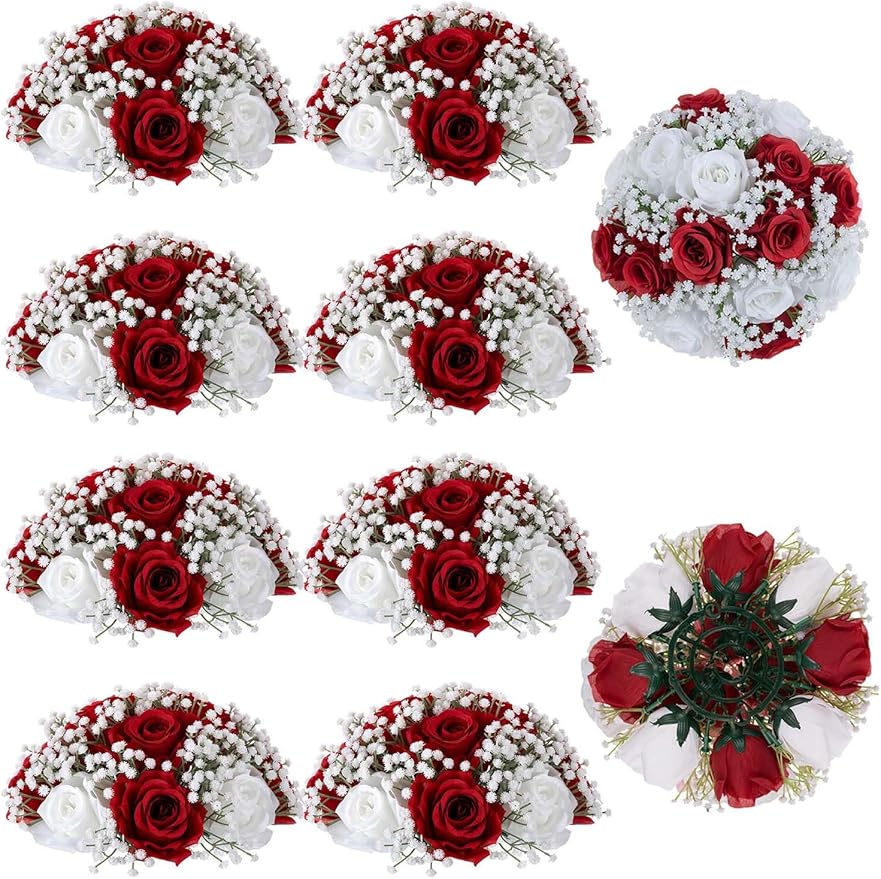 BLOSMON Fake Flowers Ball Wedding Centerpieces 10 Pcs Crimson Rose Babys Breath Artificial Flowers Center Pieces Decoration for Table Silk Kissing Floral Bouquet Arrangements for Home Party DIY Decor
