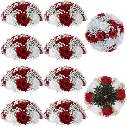 BLOSMON Fake Flowers Ball Wedding Centerpieces 10 Pcs Crimson Rose Babys Breath Artificial Flowers Center Pieces Decoration for Table Silk Kissing Floral Bouquet Arrangements for Home Party DIY Decor