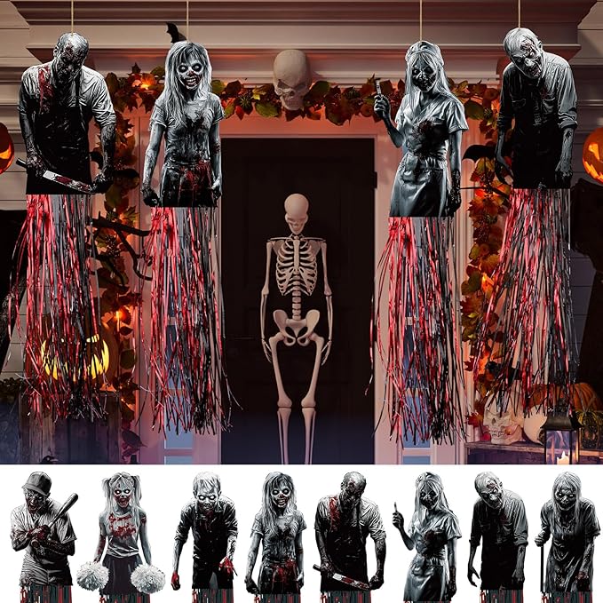 8 Pcs Horror Halloween Zombie Outdoor Hanging Decorations with Tassels Bloody Scary Yard Decoration for Outside 3.3ft Windsocks for Wall Tree Home Lawn Yard Party Supplies Garden Decor