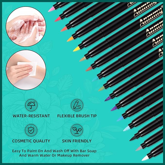 Temporary Tattoo Markers for Skin, 16-Count Body Markers+77 Large Tattoo Stencils of Assorted Colors for kids and Adults, Flexible Brush Tip, Bright colors, Skin-Safe*, Cosmetic-Grade.
