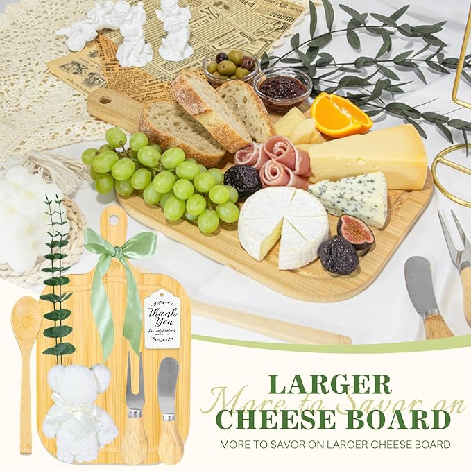 6 Sets Baby Shower Prizes for Game Winners - Bamboo Cheese Charcuterie Boards Set with Knife, Spoon, Towel & Gift Bags for Guests, Bridal Shower Favors