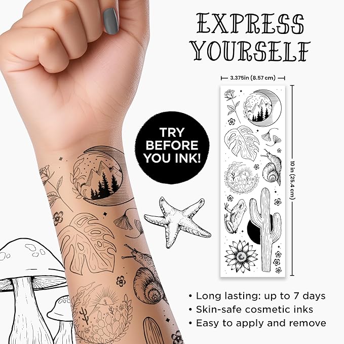 Savvi - 19 Nature Temporary Tattoos: Skin-Safe Ink, Great for Parties and Everyday Wear, Gifts for Teens and Adults, Made in the USA [2 sheets, 19 count]