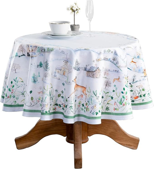 Maison d' Hermine Table Cloth Round Table 100% Cotton 63 Inches Fall Tablecloth Reusable Everyday Use for Thanksgiving Christmas Decorations Dining Farmhouse Party (Snowy World)