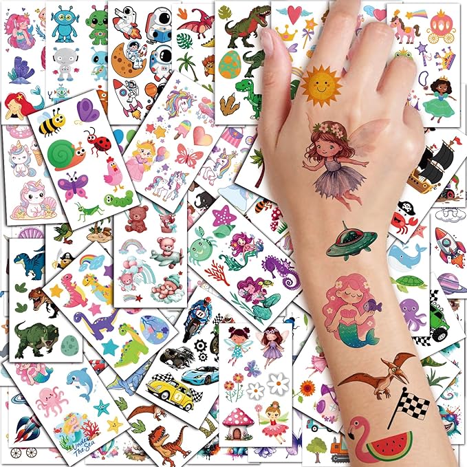 326+ PCS 60 Sheets Mixed Styles Temporary Tattoos for kids - Cute Watercolor Animals Tattoos Stickers with Mermaid Truck Dinosaur Space Pirate for Girls Boy Body Arm Birthday Party Supplies Gifts