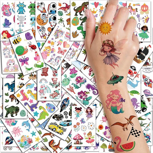 326+ PCS 60 Sheets Mixed Styles Temporary Tattoos for kids - Cute Watercolor Animals Tattoos Stickers with Mermaid Truck Dinosaur Space Pirate for Girls Boy Body Arm Birthday Party Supplies Gifts