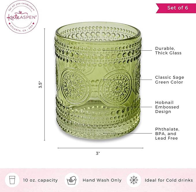 Kate Aspen Hobnail Beaded Floral Green Drinking Glasses Set of 6, (10 oz) Vintage Glassware Set Cocktail Glass Set, Juice Glass, Water Cups | Great Hostess Gift & Gift for New Home Owners