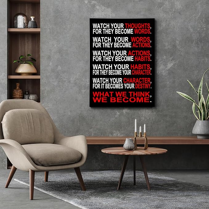 Watch Your Thoughts Motivational Wall Decor, Inspirational Wall Art for Office & Home, Positive Quotes Canvas Prints Ready to Hang, Modern Office Wall Art for Living Room or Bedroom Decor