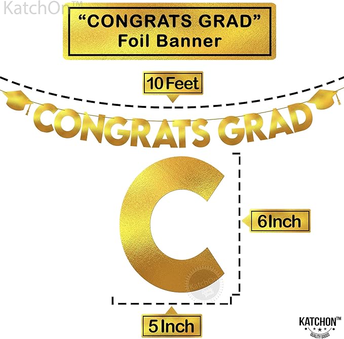 KatchOn, Glitter Gold and Black Congrats Grad Banner - 10 Feet | Gold and Black Grad Banner, Cap Garland for Graduation Cap Decorations 2025 | Graduation Decorations 2025