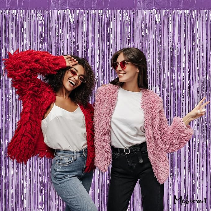 4 Pack Light Purple Fringe Curtain Backdrop, 3.2Ft x 9.8Ft Metallic Tinsel Foil Fringe Streamers Background for Photo Booth Birthday Wedding Baby Shower Carnival Easter Mother’s Day Party Decorations
