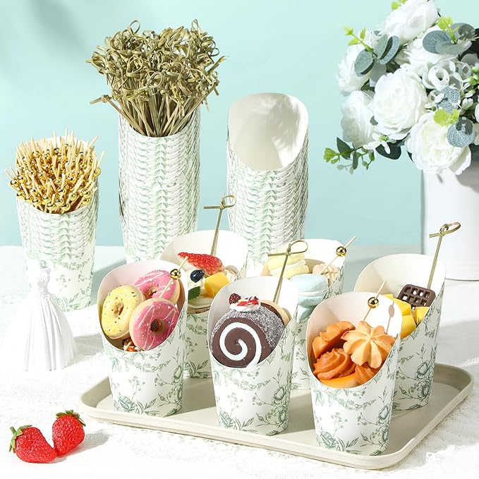Tioncy 250 Pcs Floral Charcuterie Cups with Cocktail Picks Sets, Floral Bridal Shower Decoration 50 Charcuterie Cups with 200 Sticks for Wedding Baby Shower Party Decorations(Green,Flower)