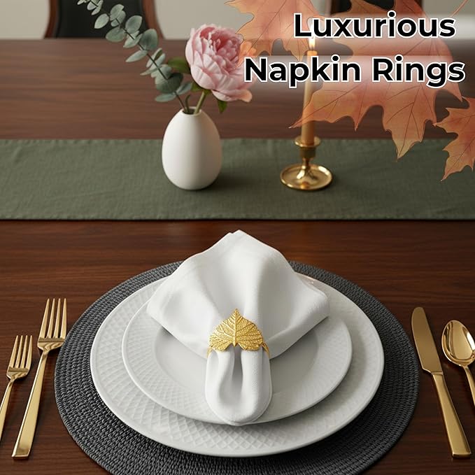 Elegant Handcrafted Leaf Napkin Rings - Set of 12 Premium Aluminum Holders for Dinner Parties, Weddings, Special Occasions & Everyday Dining (Gold) - CLEENTABLE