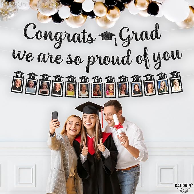 KatchOn, Glitter Black Congrats Graduation Banner - Large, No DIY, 10 Feet | We are So Proud of You Banner | K-12 Grad Photo Banner for Graduation Decorations 2025 | Grad Decorations Class of 2025