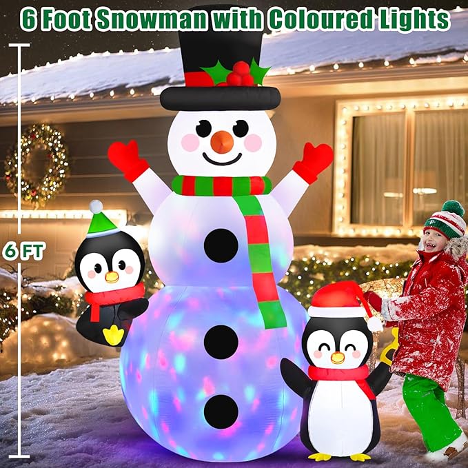 Danxilu 6FT Christmas Inflatable Snowman with Penguins Built-in Rotating Colorful LED Lights Outdoor Decorations- Blow Up Snowman and 2 Penguins Decor for Yard Garden Lawn Porch Xmas Holiday Party