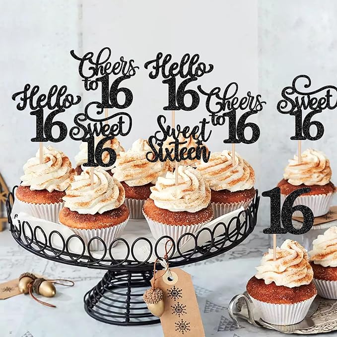 30PCS Happy 16th Birthday Cupcake Toppers Glitter Sweet Sixteen Hello 16 Cupcake Picks Cheers to 16 Birthday Decorations for 16th Birthday Anniversary Party Cake Decoration Supplies Black