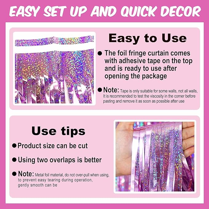 3 Pack Pink Foil Fringe Curtains Backdrop, 3.28 x 8.2 Ft Metallic Streamers Tinsel Curtains Background for Photo Booth, Birthday, Christmas, Halloween, Thanksgiving, New Year Party Decorations