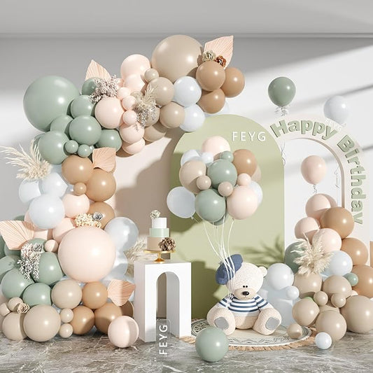 Dusty Green Nude Balloon Arch Kit, Double Stuffed Blush Brown Cream Sand White Balloon Garland Neutral Apricot Matte Latex Balloons for Baby Shower Wedding Birthday Gender Reveal Party Decoration