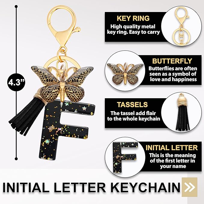 Initial Letter Keychain, Butterfly Keychain Cute Resin, Initial Keychain Backpack Charms, Key chain for Women, Girls