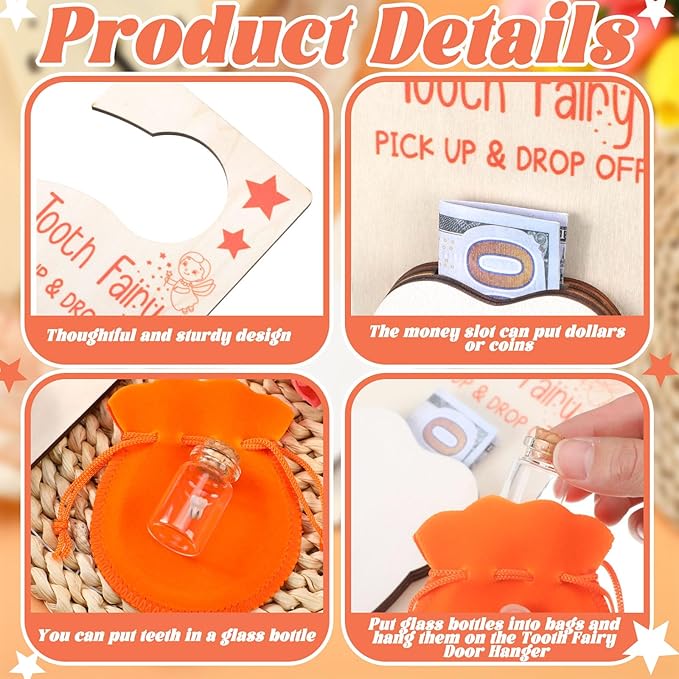 Tooth Fairy Holder Bag Hanger with Money Slot Keepsake Bottle Velvet Pouch Tooth Fairy Box Encourage Gift for Lost Teeth Boy Girl Milk(Classic,Orange)