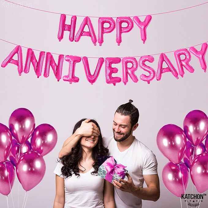 KatchOn Hot Pink Anniversary Balloons - 16 Inch | Pink Happy Anniversary Banner & Decorations