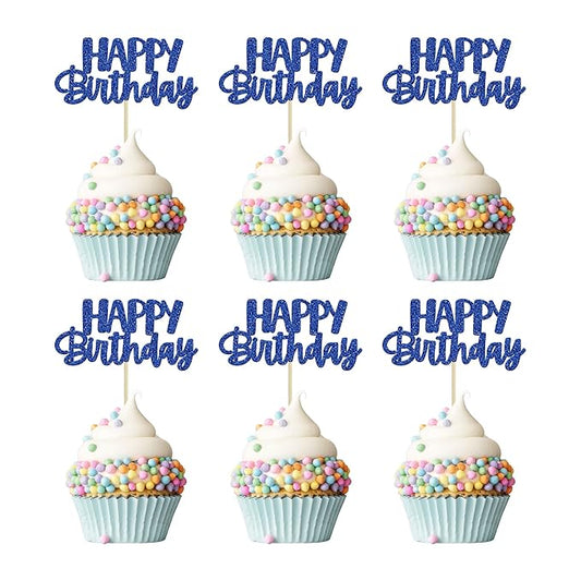 Gyufise 24 Pcs Happy Birthday Cupcake Toppers Glitter Cupcake Food Picks for Celebrating Theme Party Cake Decorations Supplies Deep Blue