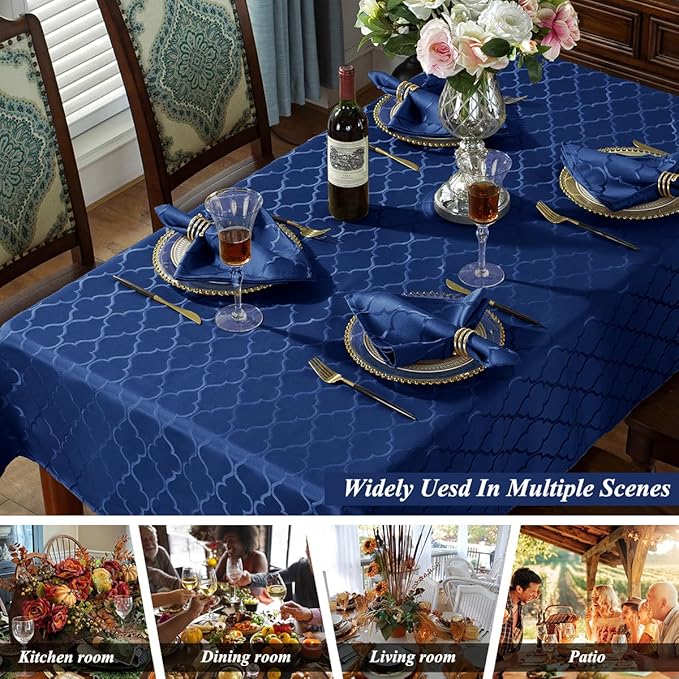 SASTYBALE Jacquard Tablecloth Damask Fabric Table Cloth Water Resistant & Wrinkle Free Spillproof Polyester Table Cover for Kitchen Dining Tabletop (Rectangle/Oblong, 52" x 70" (4-6 Seats), Navy)