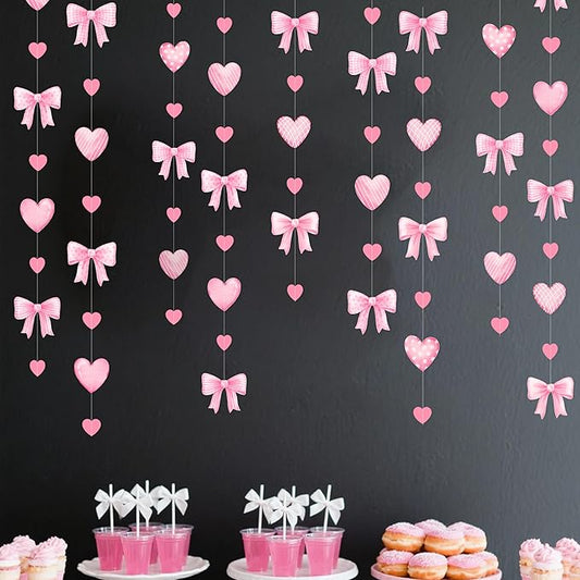 Pink Bow Decorations Pink Heart Plaid Twill Polka Dot Bow Hanging Streamer Garland Banner for Birthday Baby Shower Bridal Shower Wedding Anniversary Bachelorette Coquette Party Decorations Supplies