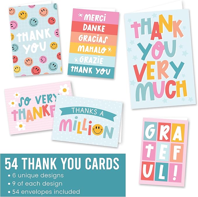 Hadley Designs Bulk Thank You Cards with Envelopes - 54 Kids Thank You Cards For Teachers, Cute Thanks Blank Cards and Envelopes, Fun Appreciation Note Card for Birthday, Baby Shower & Small Business