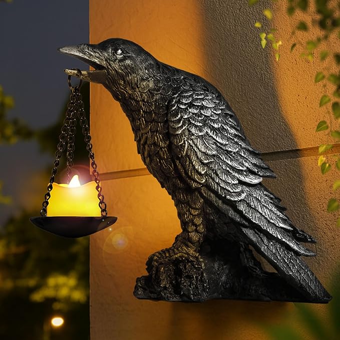 Halloween Decorations Outdoor Indoor Gothic Crow Wall Decor Table Candle Holder Raven Tealight Statue for Yard Patio Garden Bedroom Wearing Silver