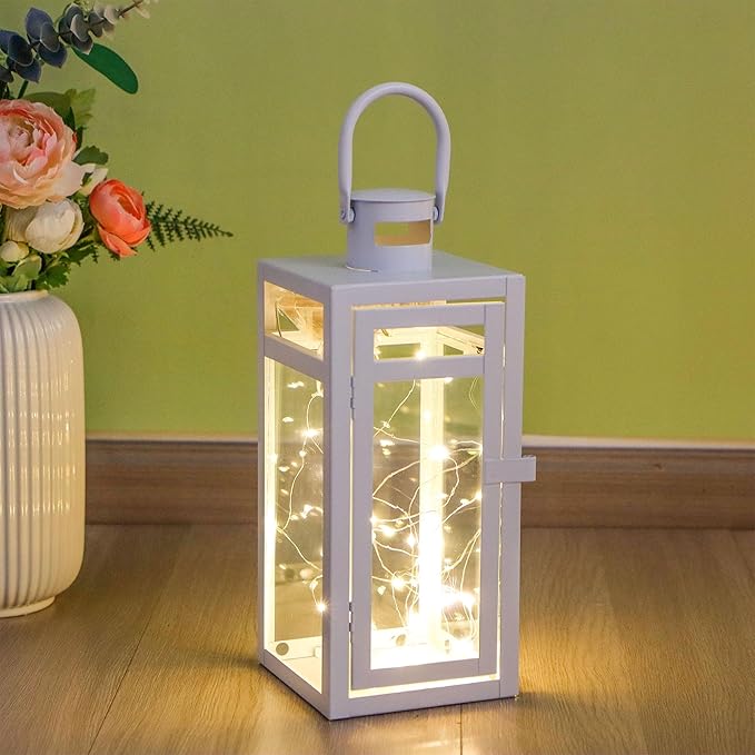 TRIROCKS Set of 2 Decorative Candle Lantern 12'' High Metal Candle Holder with Tempered Glass Perfect for Home Decor Living Room Parties Events Tabletop Indoor Outdoor (White)