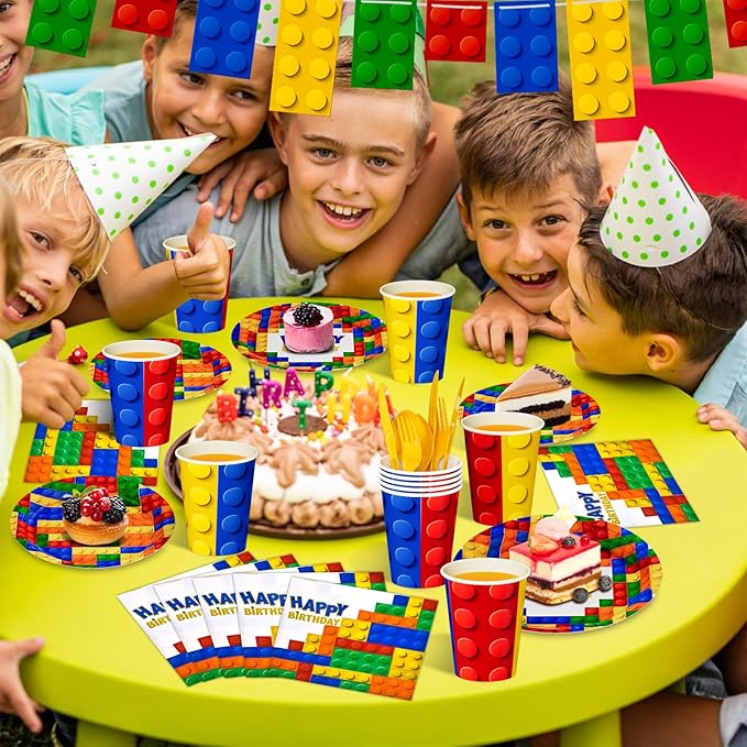 Dylives 180 Pcs Building Block Party Supplies - Birthday Party Decorations Kids Boys Disposable Tableware, Colorful Block Banner, 9" & 7" Plates Napkins Cups Cutlery, Serves 24