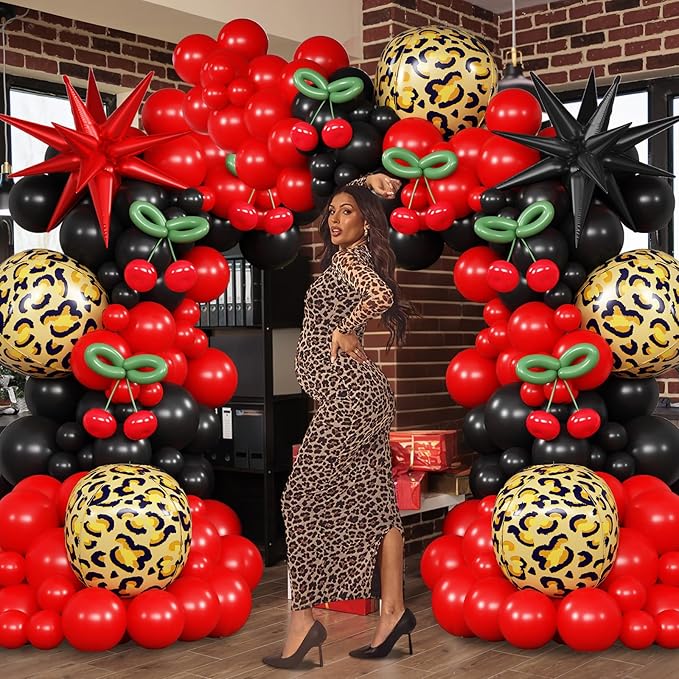 Red Black Balloons Garland Arch Kit, 133pcs Green Cherry Black Red Explosion Star Foil Balloons, 4D Cheetah Print Mylar Balloons for Berry Themed Birthday Baby Shower Bachelorette Party Decorations