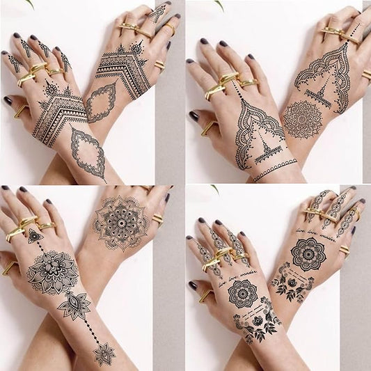 Vintage India Sexy Hands Temporary Tattoos For Women Finger Girls Adults, 4 Sheets Bohemia Lace Black Lotus Mandala Flower Fake Jewels Tattoo Sticker Kits Stencils, Party Favor Supplies Decoration