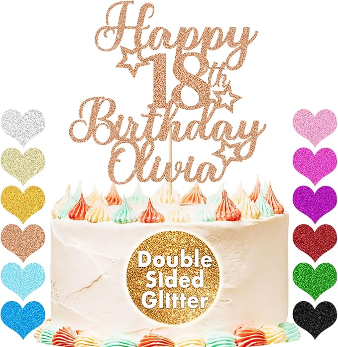 EDSG Happy Birthday Cake Topper Personalized Double Sided Glitter Custom Cake Topper (Rose Gold, 1 Count)