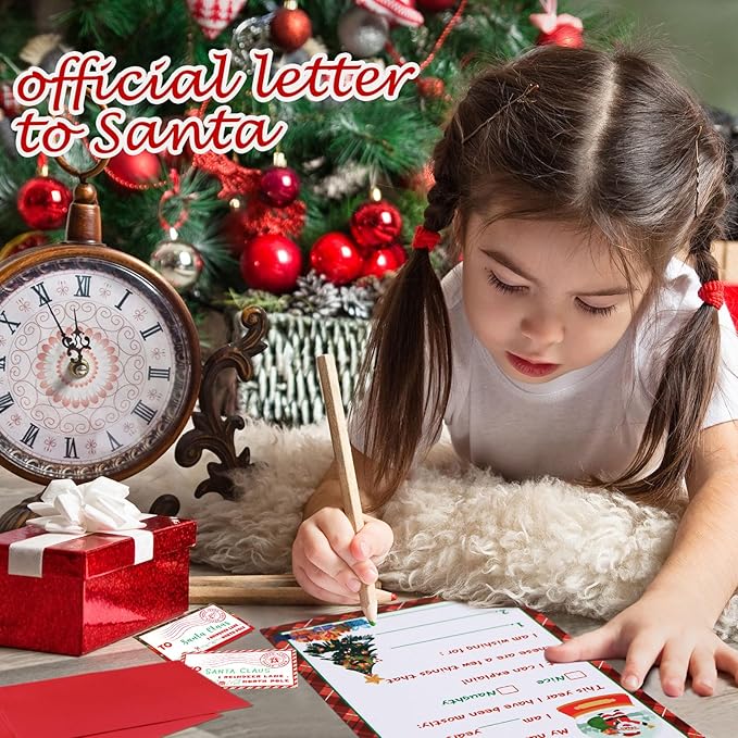 Cholemy 192 Pcs Official Letter to Santa Kit Including 48 Pcs Christmas Cards with Coordinating 48 Pcs Red Envelopes 48 Pcs Stamps 48 Pcs Stickers 5 x 7 Letter to Santa for Christmas Wish List Kids