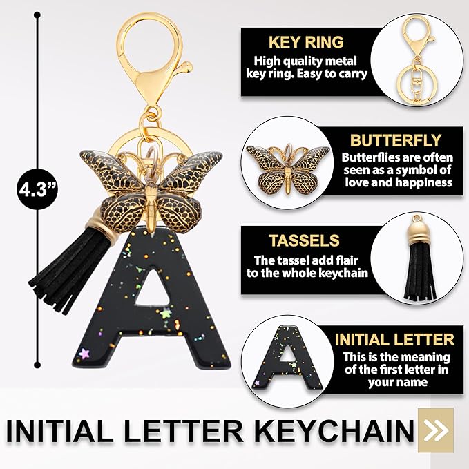 Initial Letter Keychain, Butterfly Keychain Cute Resin, Initial Keychain Backpack Charms, Key chain for Women, Girls
