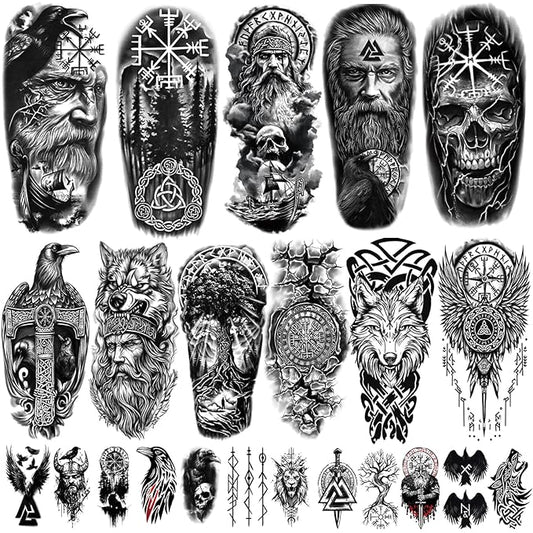 77 Sheets Temporary Tattoo for Women Men, 17 Sheets Half Arm Black Scary Lion Wolf Tiger Skull Skeleton Fake Tattoos, 60 Sheets Ealge Tribal Tiny for Adult Kids Body Tattoos Stickers Realistic