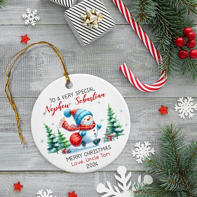 Personalized Special Nephew Snowman Ceramic Christmas Ornament 2025, Custom Year & Names Snowman Ornament Xmas Tree