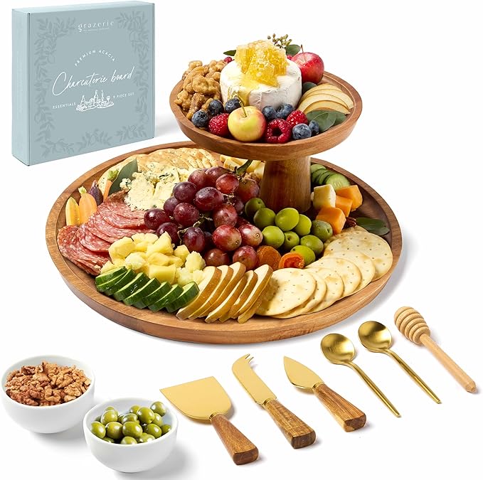 Charcuterie Boards Gift Set - Acacia Two-Tier Serving Tray Cupcake Stand Display with Knife Set and Bowls for Entertaining