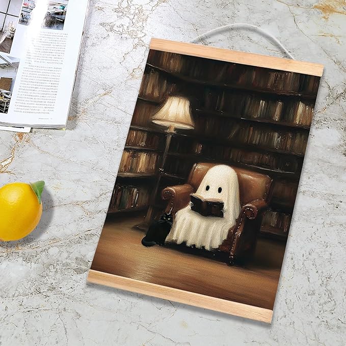 HEYJEEPER Ghost Reading in Library Wall Art,14x18.5inch Gothic Halloween Linen Canvas Poster and Black Cat Print, Vintage Dark Aesthetic Decor for Library,Study,or Witch's Bedroom(BLK01)