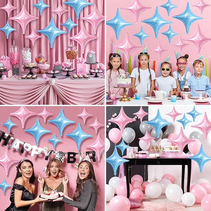 Pink Blue Star Balloons,12Pcs Four Angle Star Foil Balloons,26Inch and 10Inch Light Pink Blue Quadrangle Helium Balloon for Birthday Anniversary Party Decorations